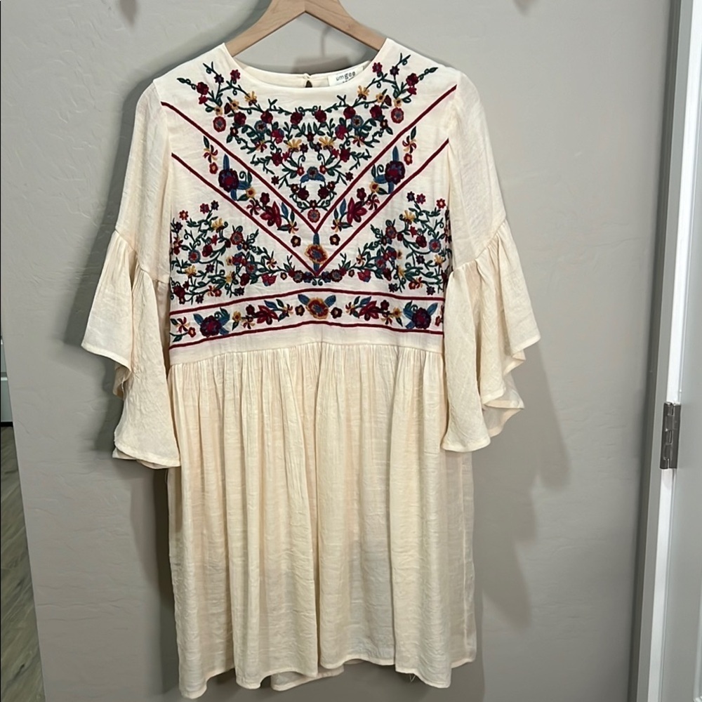 Umgee Embroidered Dress Cream Boho Cottagecore Gauze Flowy Mini Embroidery Midi - Picture 2 of 10